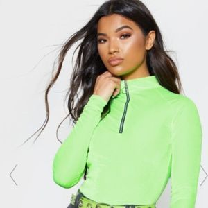 Neon Green Velvet High Neck Bodysuit |PLT
